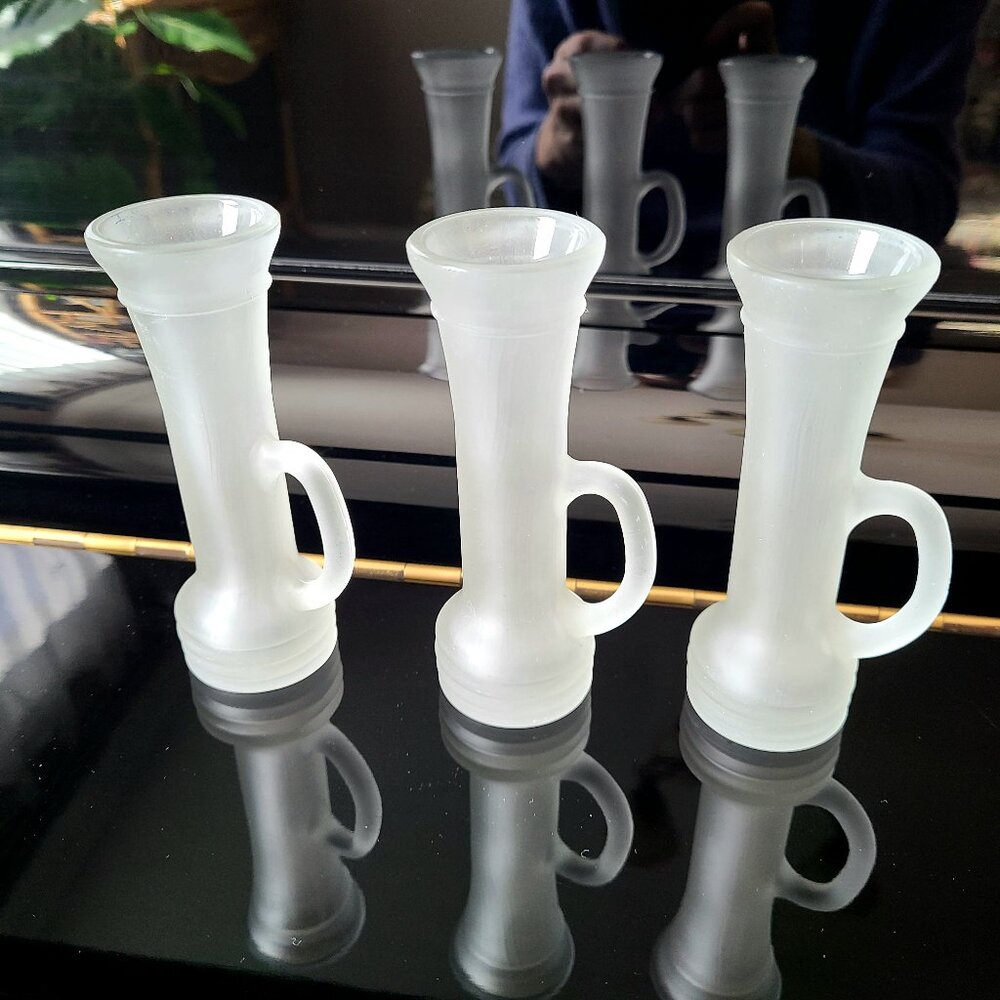3 Keglevich frosted glass vodka glasses with handles.
